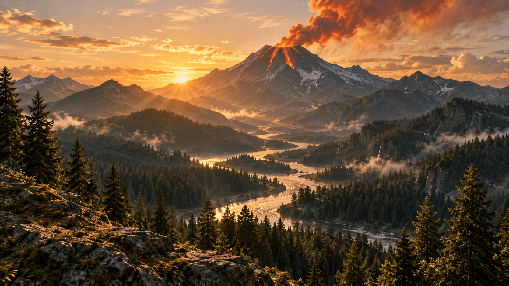 Volcan en éruption au coucher du soleil, au-dessus des forêts et de la vallée de Caldera